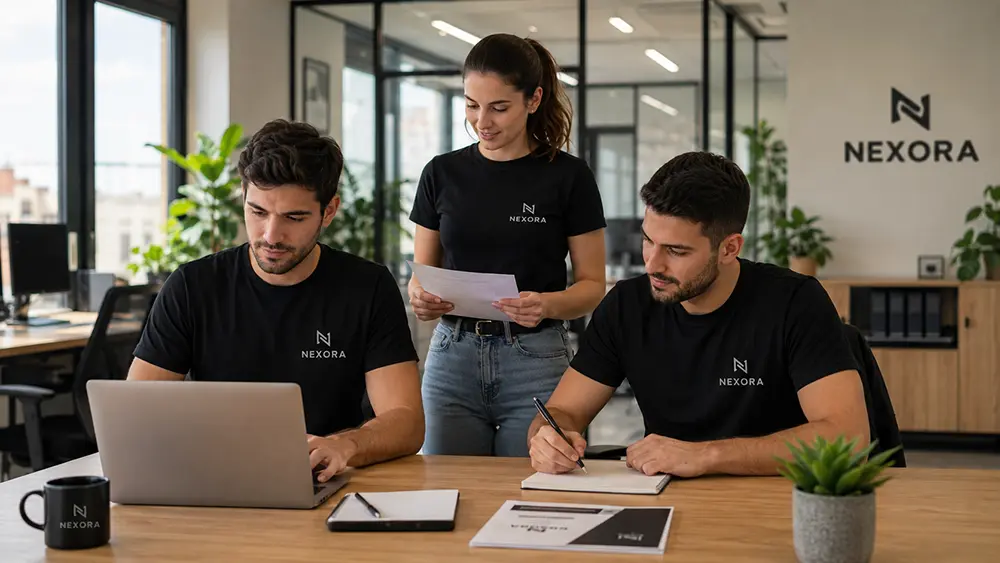 Empleados con camisetas personalizadas corporativas en una oficina de Granada.