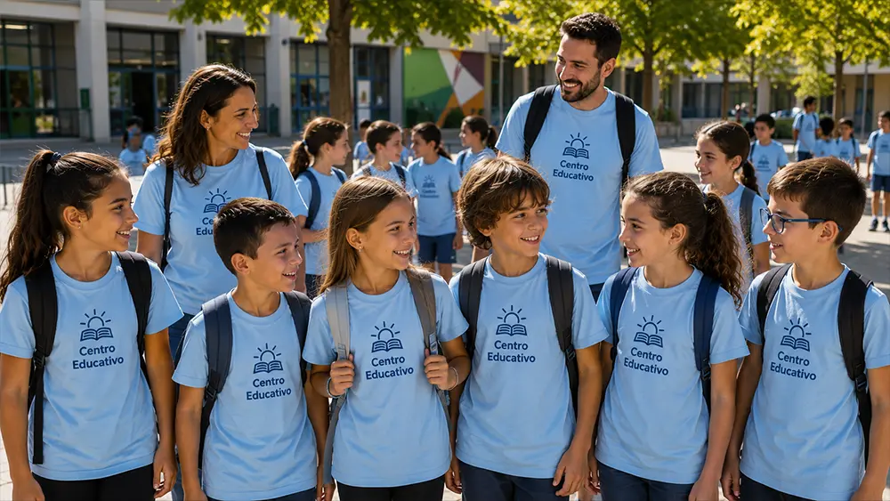 Alumnos y profesores con camisetas personalizadas celestes para una actividad escolar en Granada
