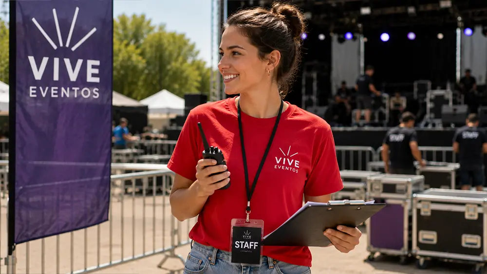 Organizadora de eventos con camiseta personalizada durante el montaje de un evento en Granada.