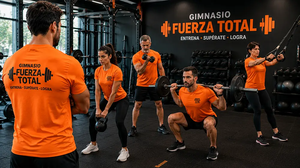 Entrenadores y deportistas con camisetas personalizadas durante un entrenamiento en un gimnasio de Granada.