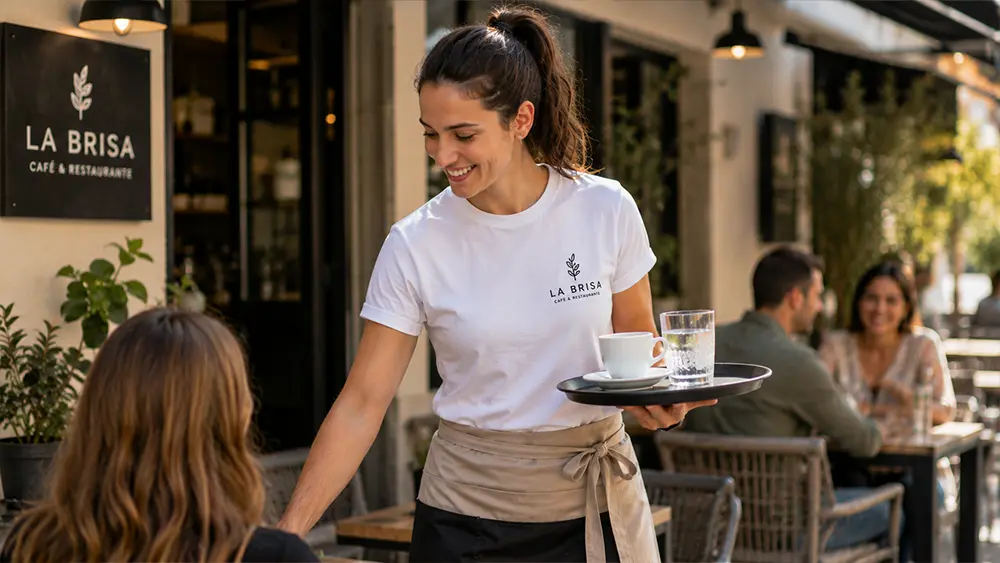 Camarera con camiseta personalizada atendiendo una terraza de un restaurante en Granada.