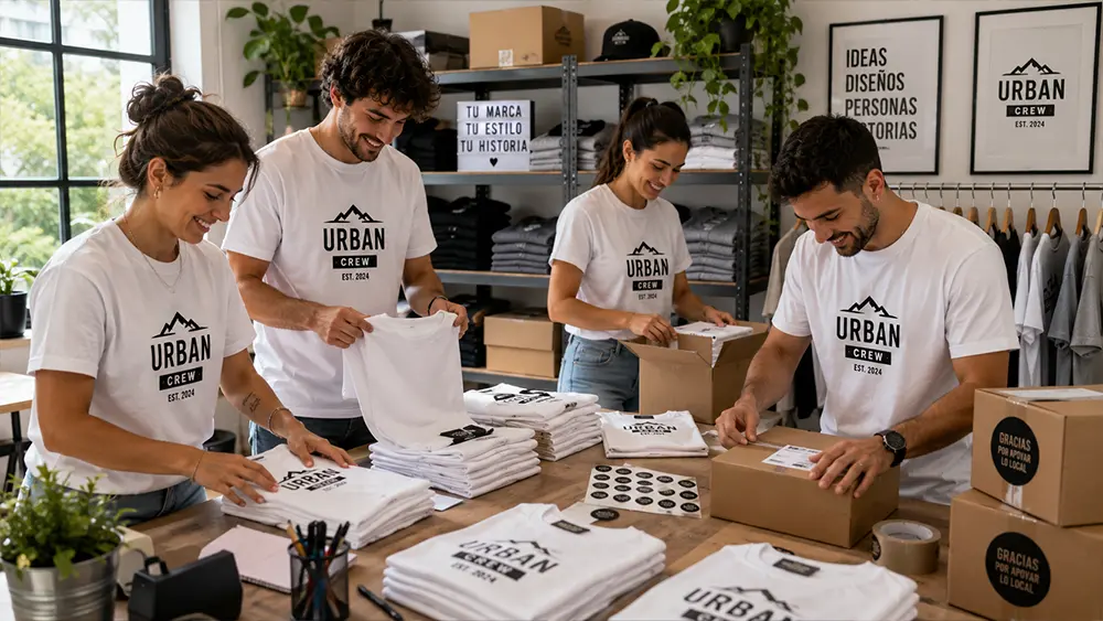 Equipo preparando pedidos de camisetas personalizadas para merchandising en un estudio creativo.