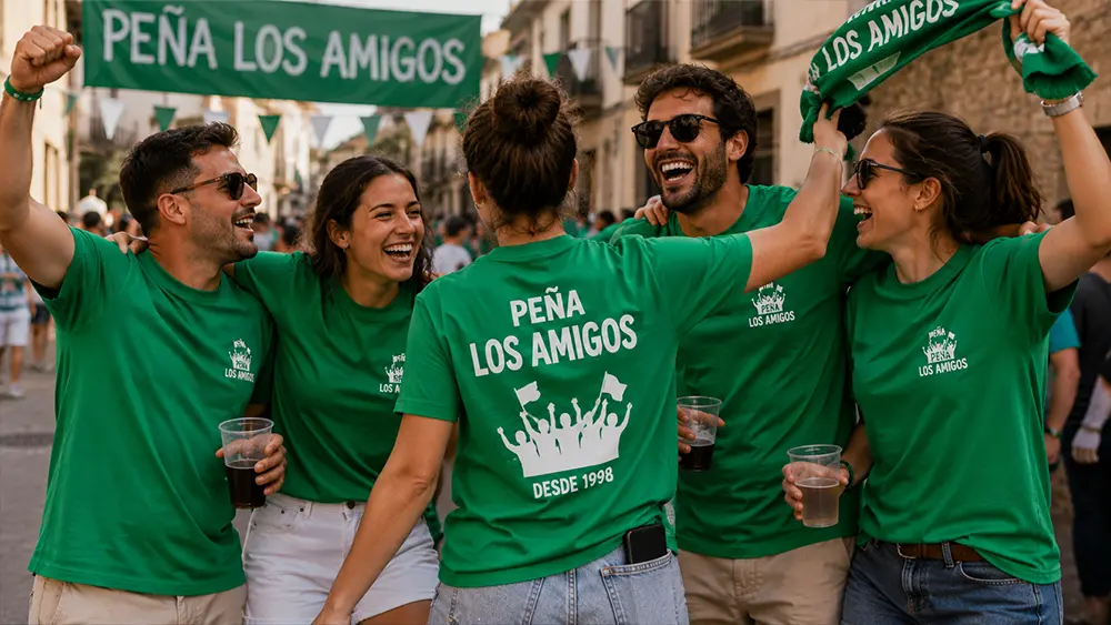 Grupo de amigos con camisetas personalizadas para una peña durante unas fiestas en Granada.