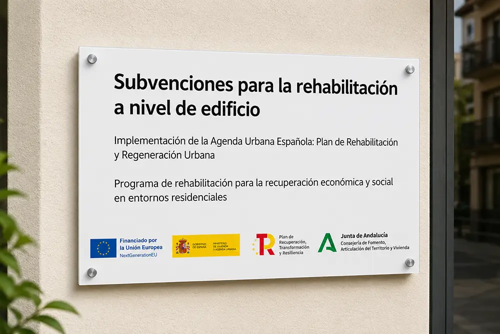 Placa NextGenerationEU de la Junta de Andalucía para rehabilitación de edificios
